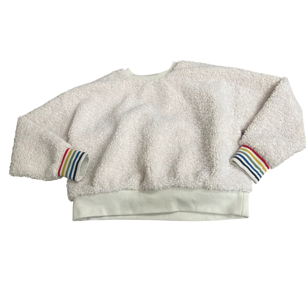 Sundry Faux Fur Sherpa Sweatshirt Cream Rainbow Striped Cuffs Size 1 Small